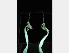 Palco scuro con struttura a traliccio in alto da cui pendono due lunghi drappi di tessuto bianco, illuminati e ondeggianti verso il basso. Sullo sfondo nero si vedono cavi e punti di ancoraggio che suggeriscono un allestimento per performance aerea.