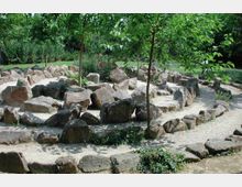 Giardino paesaggistico con sentieri di ghiaia chiara che si snodano tra grandi massi di pietra disposti a cerchio. Alberi e arbusti verdi ombreggiano l’area, con prato sullo sfondo.