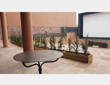 Cortile esterno pavimentato in pietra con colonne e fioriere rettangolari in legno con giovani conifere. Sul lato destro si vede un palco con grande schermo bianco e gradinata, con pareti rivestite in pietra e recinzioni metalliche sullo sfondo.