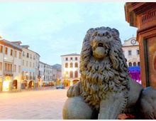 Statua in pietra di un leone in primo piano, affacciata su una piazza lastricata circondata da edifici storici con portici e facciate chiare. Sullo sfondo si vede un palazzo con orologio e un’area con palco illuminato.