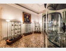 Sala museale con pavimento in terrazzo e soffitto decorato, con più vetrine in vetro e metallo che espongono piccoli reperti. Sulla parete di fondo è appeso un grande ritratto incorniciato e a destra si vede una vetrina cilindrica alta accanto a tende verdi.