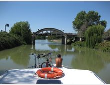 Vista da una barca su un canale calmo, con un ponte stradale ad arco in cemento al centro dell’inquadratura. Le sponde sono fiancheggiate da alberi e vegetazione densa, con un grande salice piangente sulla destra.
