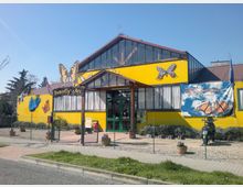 Edificio tipo serra con facciata gialla e ampie vetrate, decorato con grandi illustrazioni di farfalle e insegna “Butterfly Arc” sopra l’ingresso con pensilina. Davanti si vedono recinzione bassa, vialetto con ghiaia e vasi di piante lungo il bordo della strada.