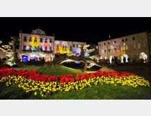 Piazza cittadina di notte con aiuole di fiori rossi e gialli e un grande albero modellato e illuminato al centro. Sullo sfondo, edifici storici con portici e facciate illuminate da proiezioni colorate, tra cui un palazzo con orologio.