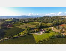 Veduta aerea di una campagna collinare con vigneti a filari, campi coltivati e strade tortuose. In primo piano si vede una cascina con tetto rosso circondata dal verde, con colline boscose e una catena montuosa sullo sfondo.