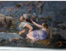 Affresco murale con scena mitologica ambientata in un paesaggio roccioso, con figure dipinte che si stagliano su tonalità azzurre e grigie. In primo piano si vede una figura armata con elmo, spada e scudo accanto a un corpo disteso, mentre sullo sfondo compaiono altre figure tra le rocce.
