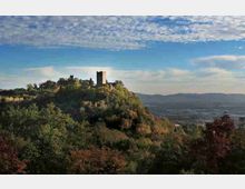 Veduta panoramica di una collina boscosa con rovine di un castello e una torre in pietra sulla sommità. Sullo sfondo si estende una valle con colline lontane sotto un cielo parzialmente nuvoloso.