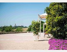 Terrazza pavimentata all’aperto con muretto di pietra e vista su campagna e un borgo in lontananza. In primo piano ci sono siepi e aiuole fiorite viola, un grande vaso con pianta di agrumi e una pergola bianca con panchina.