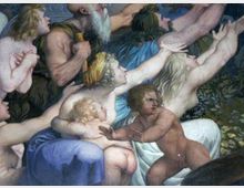 Dettaglio di un affresco o dipinto murale in stile classico, con figure mitologiche nude e panneggi colorati disposte in una composizione dinamica. Sullo sfondo si intravedono motivi decorativi e vegetali che suggeriscono un’ambientazione ornamentale interna.