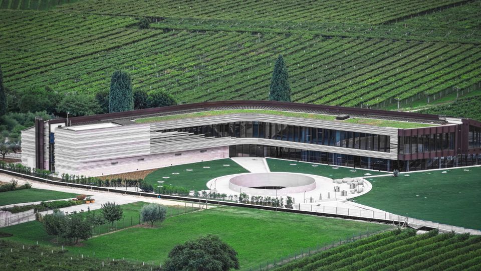 Edificio moderno a forma di "L" circondato da ampi vigneti ondulati, con un design caratterizzato da vetrate continue e tetto verde. La struttura sorge in un paesaggio rurale, con prati curati e alberi sparsi nei dintorni.