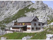 Rifugio di montagna in muratura con tetto a due falde e persiane in legno, affacciato su un sentiero e circondato da prati e rocce. Sullo sfondo si alza una ripida parete rocciosa grigia con chiazze di vegetazione.