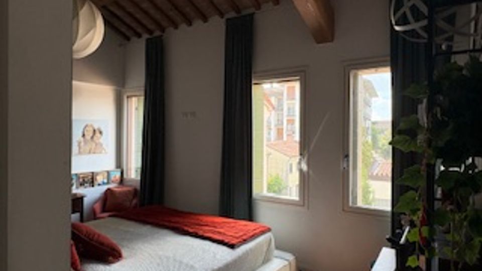 Camera da letto luminosa con letto matrimoniale, biancheria bianca e coperta rossa, pareti chiare e soffitto in legno con travi a vista. Due finestre con tende scure affacciano su edifici vicini, con una parete decorata da piante e una sfera luminosa sospesa.