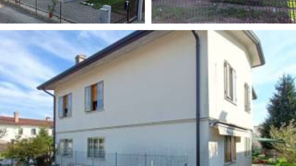 Casa indipendente a due piani con facciata chiara e tetto a falde, vista da più angolazioni. All’esterno si notano una scala laterale con balcone, un cortile pavimentato e un giardino recintato con alcune piante.